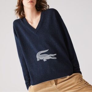Lacoste Navy Blue 100% Wool Vneck Sweater with White Piping